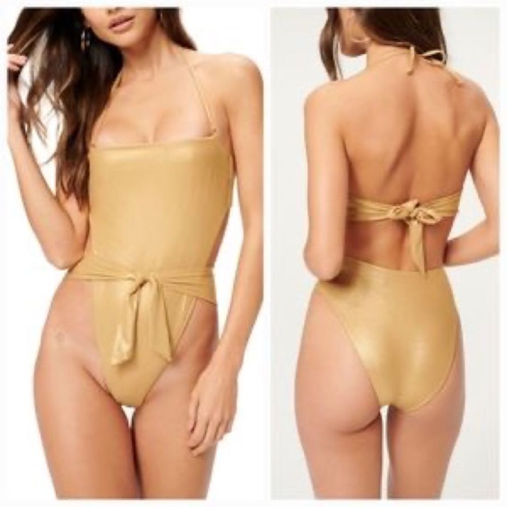 Good American | Gold Tie Front One-Piece Swimsuit Metallic NWT